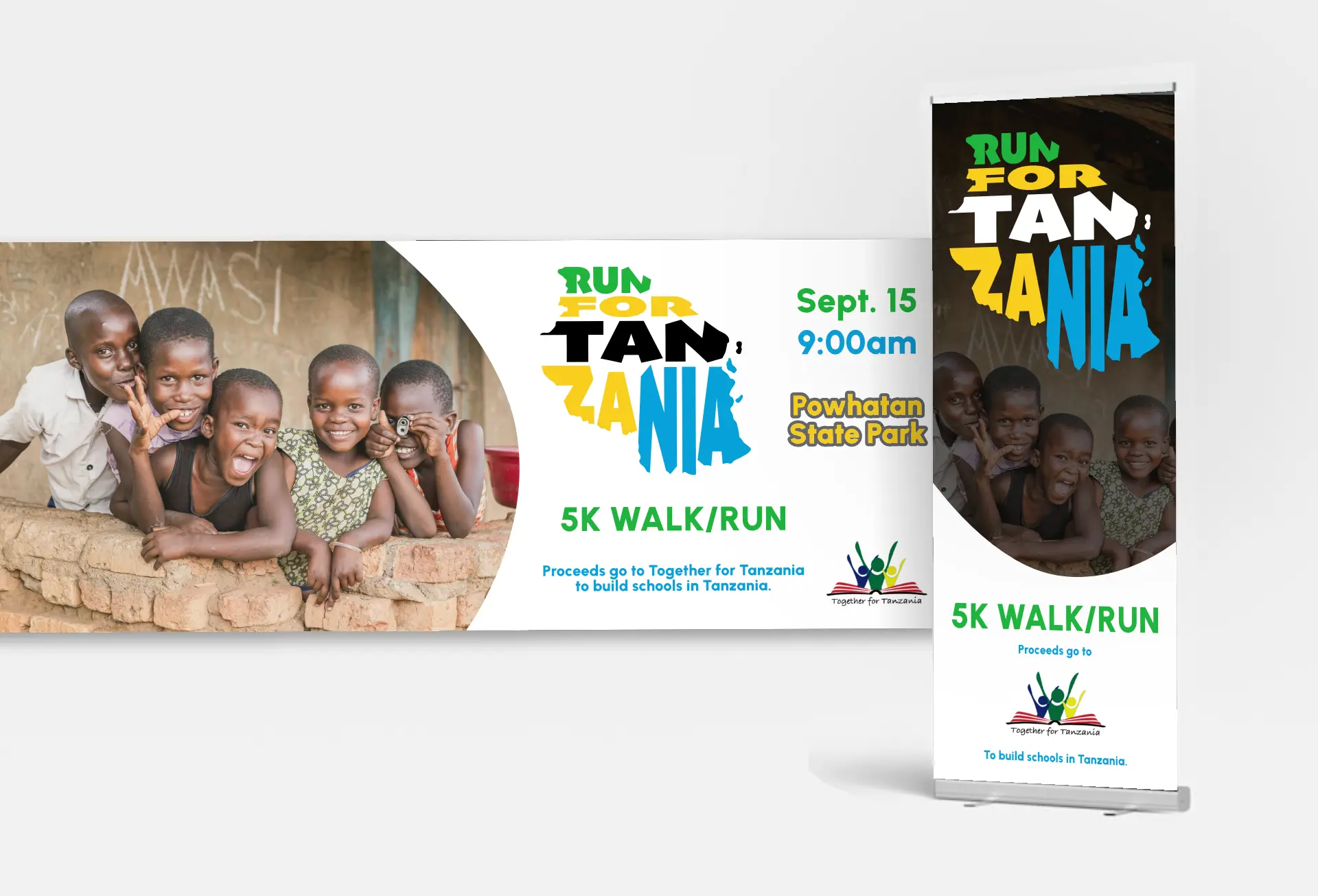 A large hanging banner, next to a standing banner, both with content for Run for Tanzania. Featuring the logo for Run for Tanzania, designed by Andrilla, and imagery of young boys in Tanzania, the banners introduce the 5K run/walk charity event to raise money for Together for Tanzania—a nonprofit ministry that helps build schools in Tanzania.